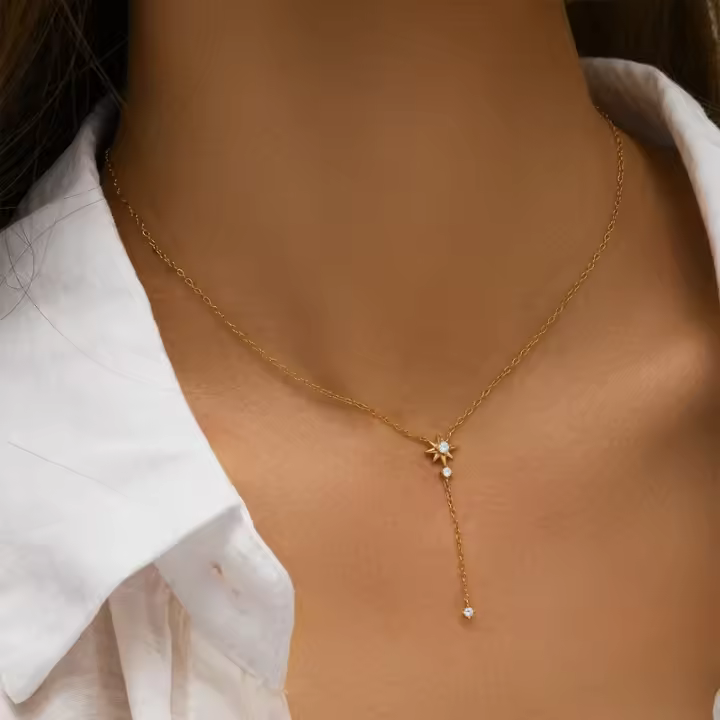 Collar de borla larga en forma de Y, cadena de hueso con cierre de estrella octogonal - 1