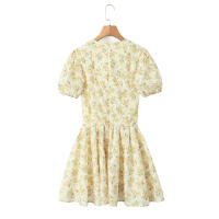 New Women Vintage Puff Short Sleeve V Neck Yellow Floral Print Dress Pleated Hem Female Holiday Summer Mini Robe - details 10