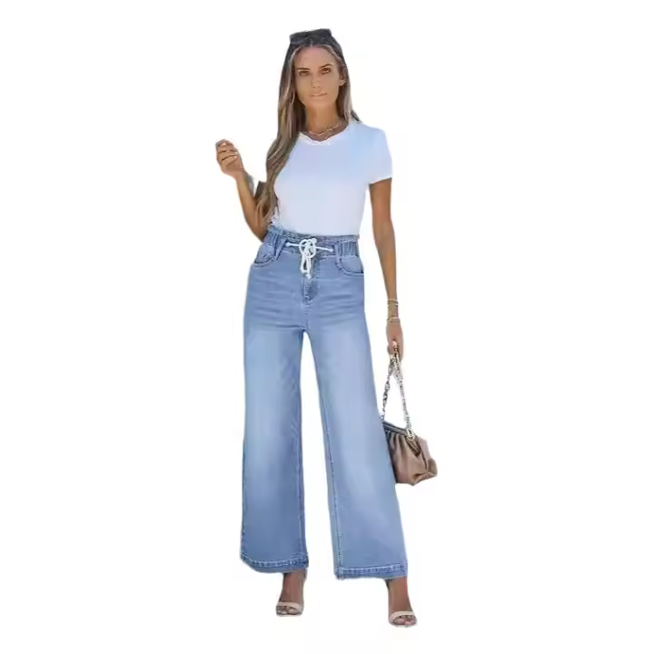 Jeans de Pierna Ancha de Cintura Alta Pantalones Sueltos con Cintura Elástica para Mujeres - 1