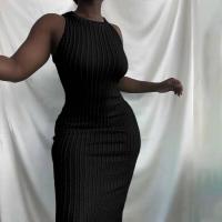 Nueva moda informal de verano para mujer, tela sin mangas, cuello redondo, vestido negro, paquete femenino, caderas, vestidos elegantes para fiesta en la playa - details 6