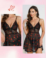 Camisón de encaje transparente negro con estampado de corazones Camisón con tirantes de malla en V profundo Ropa de dormir sexy - details 6