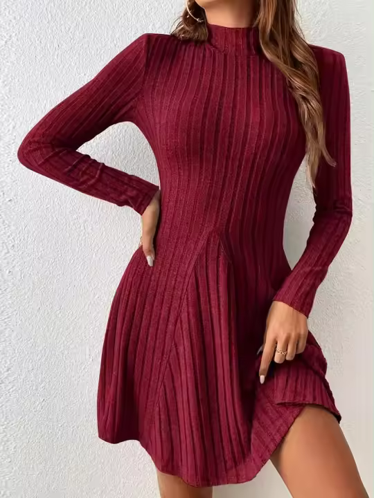 Minivestido informal de punto de invierno para mujer con mangas largas y cuello alto negro, versátil para mujeres jóvenes. - 1