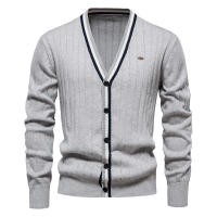 Suéter de manga larga con cuello en V para hombre, chaqueta de punto acanalada de color en contraste de moda - details 6