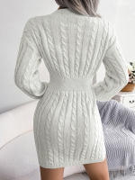 Knitted Sweater Dress For Women  Autumn Winter Long Sleeve Slim Waist Knitwear Clothes White Blue Khaki - details 12