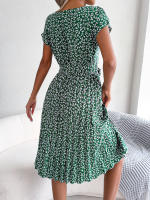 Spring Summer Women Short Sleeve Pleated Long Dress Elegant High Waist Floral Fashion A-line Dress - details 13