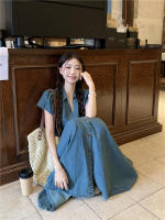 Vestido vaquero Vintage elegante con cuello en V, falda acampanada de longitud media, cintura alta coreana, manga corta, moda de verano para mujer - details 21
