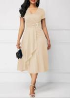 Vestidos de verano elegantes, color sólido, mangas cortas, cuello en V, dobladillo asimétrico, cintura delgada, vestido de fiesta hasta la rodilla, para mujer - details 17