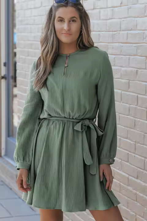 Elrachen Mini vestido plisado con cinturón y manga abullonada con cuello de botones para mujer, verde jungla, tallas S-XL - 1