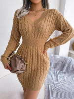 Knitted Sweater Dress For Women  Autumn Winter Long Sleeve Slim Waist Knitwear Clothes White Blue Khaki - details 4