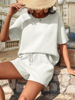 Traje de verano de dos piezas para mujer, conjuntos informales de Jersey, Tops y pantalones cortos, Blanco S - details 1