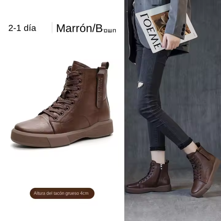 Botas cortas de realce interior de cuero, botas de caballero finas de suela gruesa, zapatos de mujer versátiles - 1