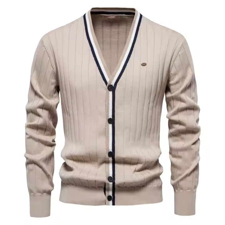 cárdigan de algodón para hombre, suéter con cuello en V y botones, suéteres casuales de punto para jóvenes para hombres - 1