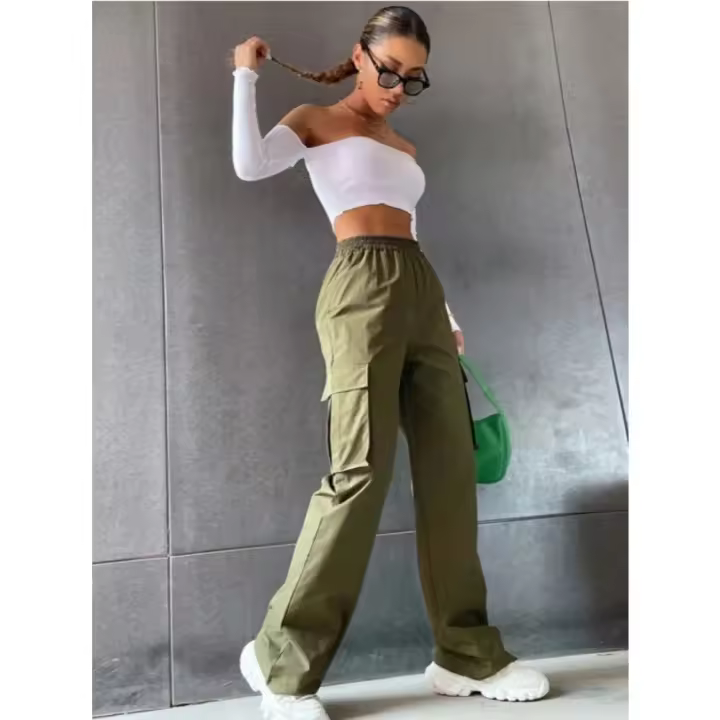Pantalones cargo rectos a la moda para mujer, pantalones informales con cintura elástica para mujer - 1