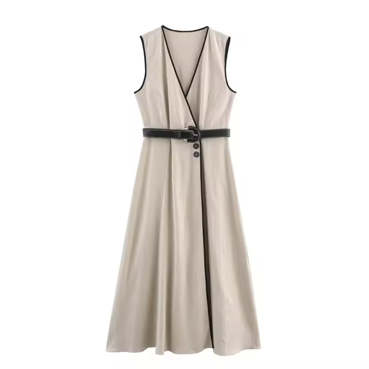 Vestido casual con decote en V Cinturón, sin mangas, cómodo para el verano 2025 Moda de mujer - 1