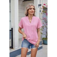 BUNO-2025 Blusas informales para mujer, camisas holgadas de manga corta con cuello de pico de Jacquard bordado a la moda, Tops elegantes de colores sólidos para verano - details 35