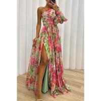 Vestido Largo Casual De Otoño Para Mujer Con Hombros Descubiertos Y Cintura Ajustada Estampado De Fiesta Con Abertura Diagonal Vestido A-Line - details 2