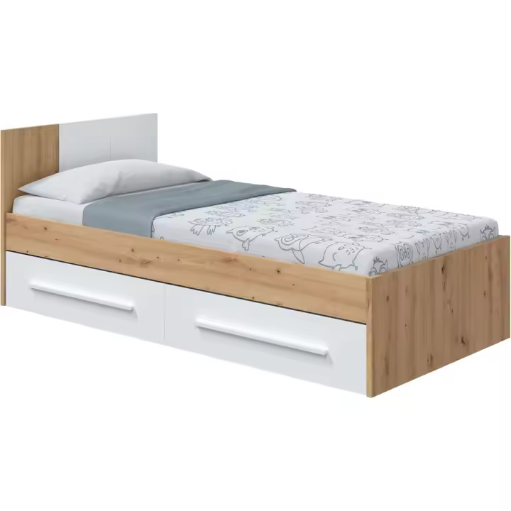 Cama Individual con 2 Cajones, Cama Juvenil, Cama Infantil, Modelo Noa, Acabado en Blanco Artik y Roble Nodi, Medidas: 196 cm (Largo) x 97 cm (Ancho) x 77 cm (Alto) - 1