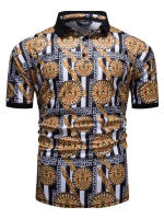 Verano nueva moda de los hombres de europa y américa geométrica estampado floral manga corta blusa top - details 3