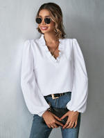 Blusa elegante con volantes y cuello en V para mujer, blusa holgada de manga abullonada de Color sólido, temperamento para ir al trabajo, 2024 - details 3