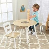 Juego de mesa redonda con almacenamiento y 2 sillas de madera: natural y blanco, para niños