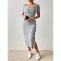 Cuello cuadrado de verano, falda de longitud media que abraza la cadera, manga corta, vestido con abertura de punto versátil - details 9