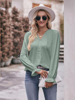 Blusa de gasa de retazos de encaje para mujer, camisa elegante informal de manga larga con cuello en V, trabajo de oficina, moda - details 22