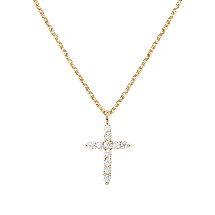 Collar cruzado de circonita cúbica chapado en oro de 14 quilates para mujer |   Collares con colgante de fe cruzada - 1