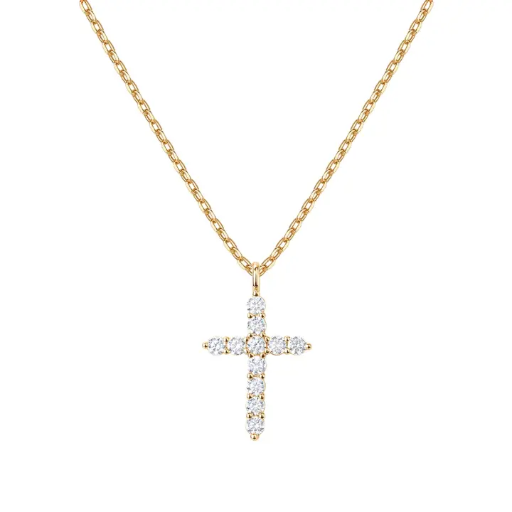 Collar cruzado de circonita cúbica chapado en oro de 14 quilates para mujer |   Collares con colgante de fe cruzada - 1