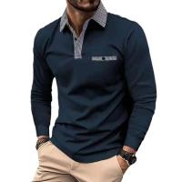 Camiseta polo de golf de costura falsa con bolsillo informal para hombre con cuello de manga larga de primavera y otoño - details 5