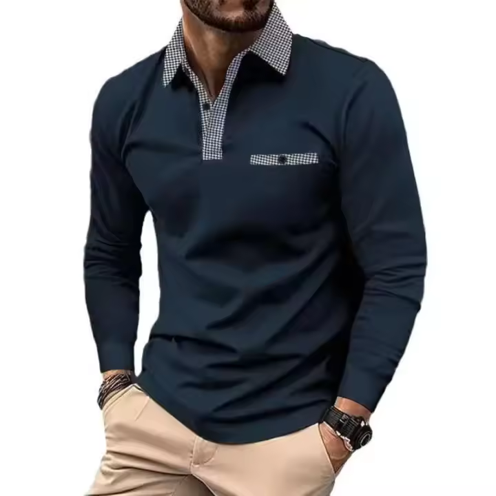 Camiseta polo de golf de costura falsa con bolsillo informal para hombre con cuello de manga larga de primavera y otoño - 1