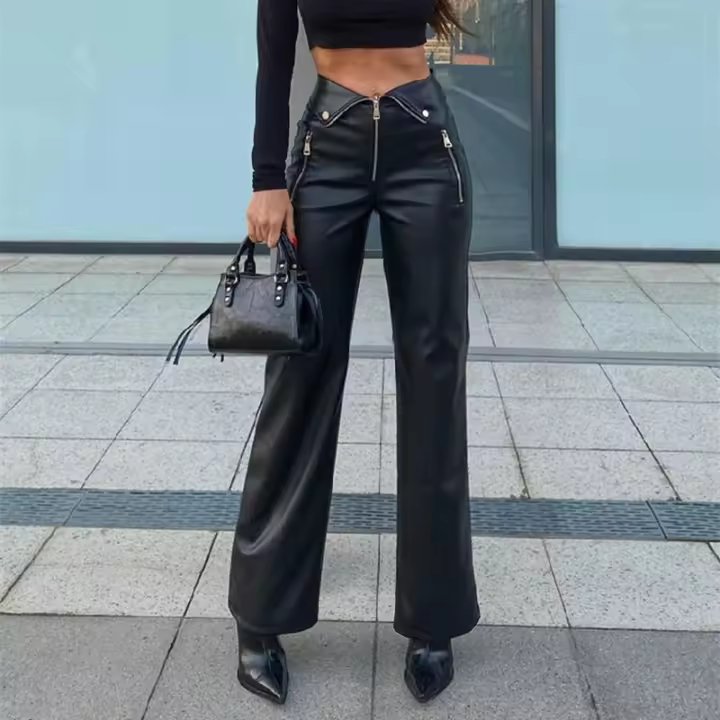 BUNO-pantalones ajustados de cuero PU con cremallera para mujer, ropa de calle informal Y2K para fiesta, pantalones de pierna recta de cintura alta, pantalones elegantes góticos 2025 - 1
