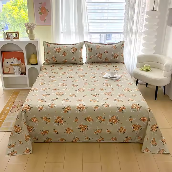 Sábanas de Cama Planas con Estampado de Flor Roja Tamaño de Cama Doble - 1