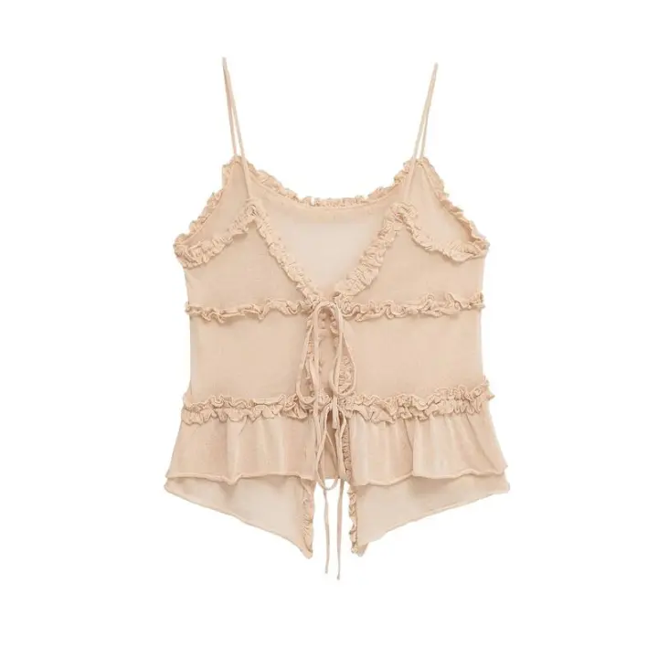 ZOCI- Top corto de verano para mujer, Top informal sin mangas con volantes y diseño plegable, camisola atada de longitud corta - 1