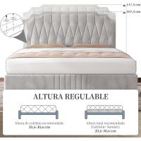 Tapizado en terciopelo Cama de matrimonio con cabecera ajustable en altura Marco de cama Soporte con listones de madera 160 × 200 cm Beige - details 3