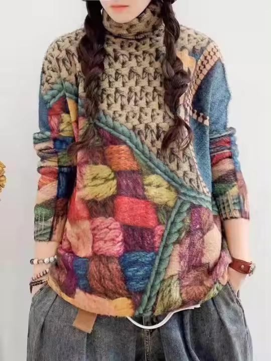Suéteres con estampado Vintage para mujer, jerséis holgados de cuello alto de estilo europeo, jerséis elegantes informales, moda de invierno, 2023 - 1