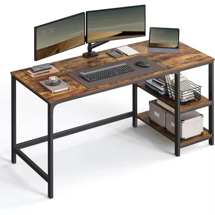 Escritorio con 2 Estantes a la Izquierda o a la Derecha, Mesa de Trabajo, para Salón Oficina, Estructura de Acero, Industrial, Marrón Rústico y Negro Tinta LWD55X - 1