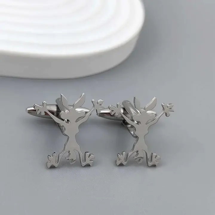 Gemelos chapados en oro con conejo de dibujos animados interesantes, puños de acero inoxidable negro, accesorios para botones de camisa para hombre, formal de negocios - 1