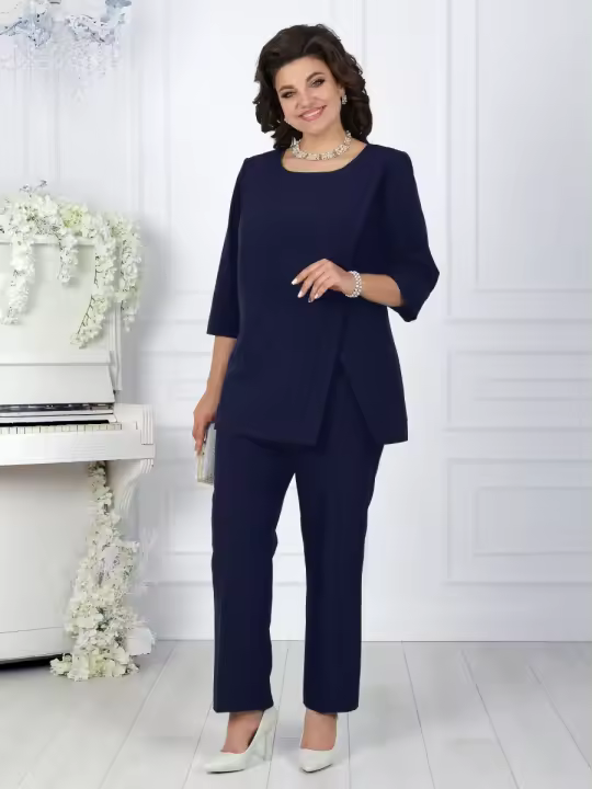 Conjunto Elegante De Talla Grande En Color Sólido Con Cuello Redondo Y Siete Mangas Con Pantalones 2 Piezas Para Mujer Senior - 1
