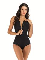 Traje de baño de una pieza con cremallera frontal sin mangas, traje de buceo de surf, cuello redondo de color sólido de corte - details 4