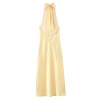 Vestido de verano novedoso con temperamento de color sólido con colgante de cuello con nudo y textura sin espalda para mujer - details 3