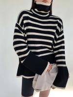 Autumn winter vintage women sweater casual striped turtleneck loose knitted split top pullovers - details 0