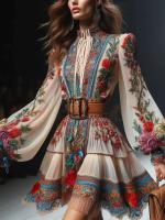 Vestido Bohemio de Estilo Étnico para Mujer Cuello Lanterna, Mangas de Farol, Patrón de Cuadros - details 0