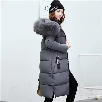 Abrigo de plumón para mujer, chaqueta de invierno con cuello de piel grande, chaqueta gruesa ajustada, Chaqueta de algodón con capucha a la moda, chaqueta larga de invierno para mujer - 1
