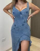 Nuevo superventas, vestido vaquero con volantes diagonales y abertura ajustada en la cintura con tirantes - details 2