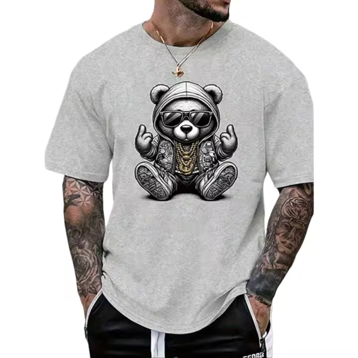 Camiseta de cuello redondo de manga corta casual con estampado de oso de dibujos animados para hombres, camiseta gráfica de verano - 1