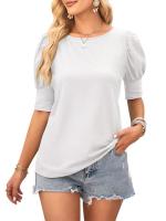 Tops de cuello redondo de color sólido para mujer, ropa informal de moda, camiseta holgada de manga corta de verano para mujer - details 6
