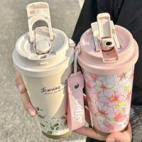 Termo portátil de acero inoxidable con diseño de flores, a prueba de fugas, capacidad de 500 ml, con pajita, doble pared, para viaje y uso en el coche. - details 20