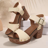Sandalias de plataforma de tacón alto para Mujer, zapatos de cuero sintético con remaches, zuecos con hebilla en el tobillo, verano, 2024 - details 10