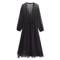 Primavera 2025, Vestido de Mujer con Volantes de Puntos de Malla, Cuello en V y Cintura Elástica, Corte en A, Vestidos Largos Negros - details 11