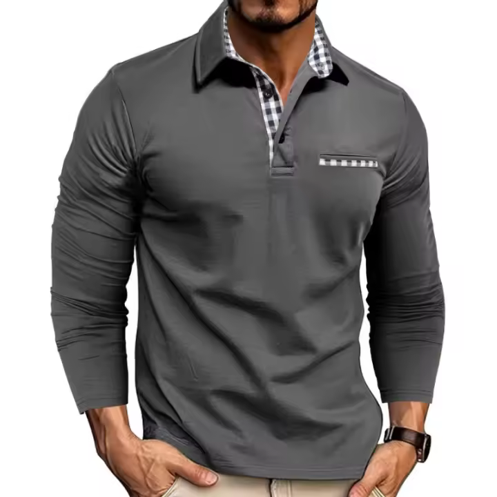 Polo informal con cuello vuelto para hombre, camisetas de manga larga, tops masculinos - 1